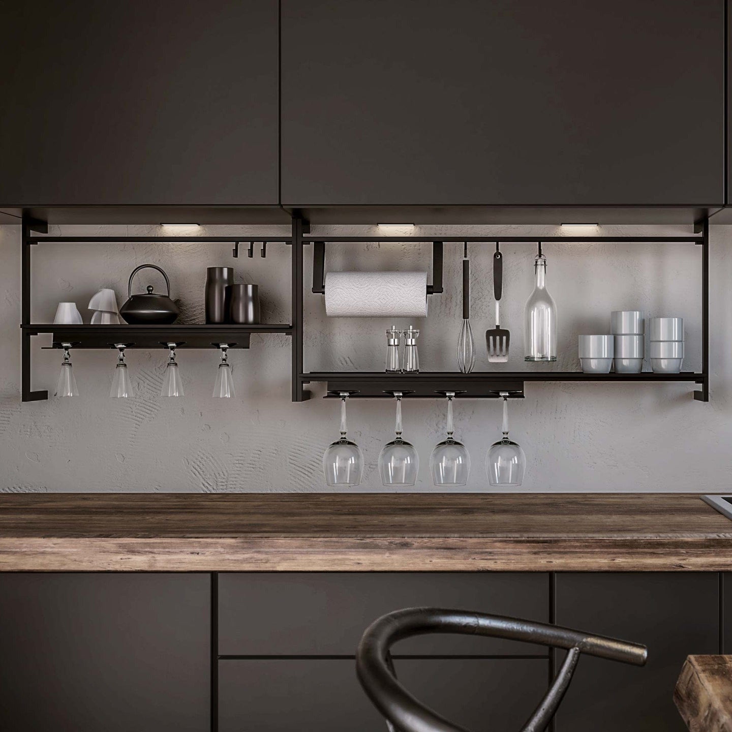 Portautensili Da Parete Per Cucina Con Scomparti E Ganci - Organizer Per Posate, Forchette, Coltelli, Grigio, Con Base Scolatoio Estraibile